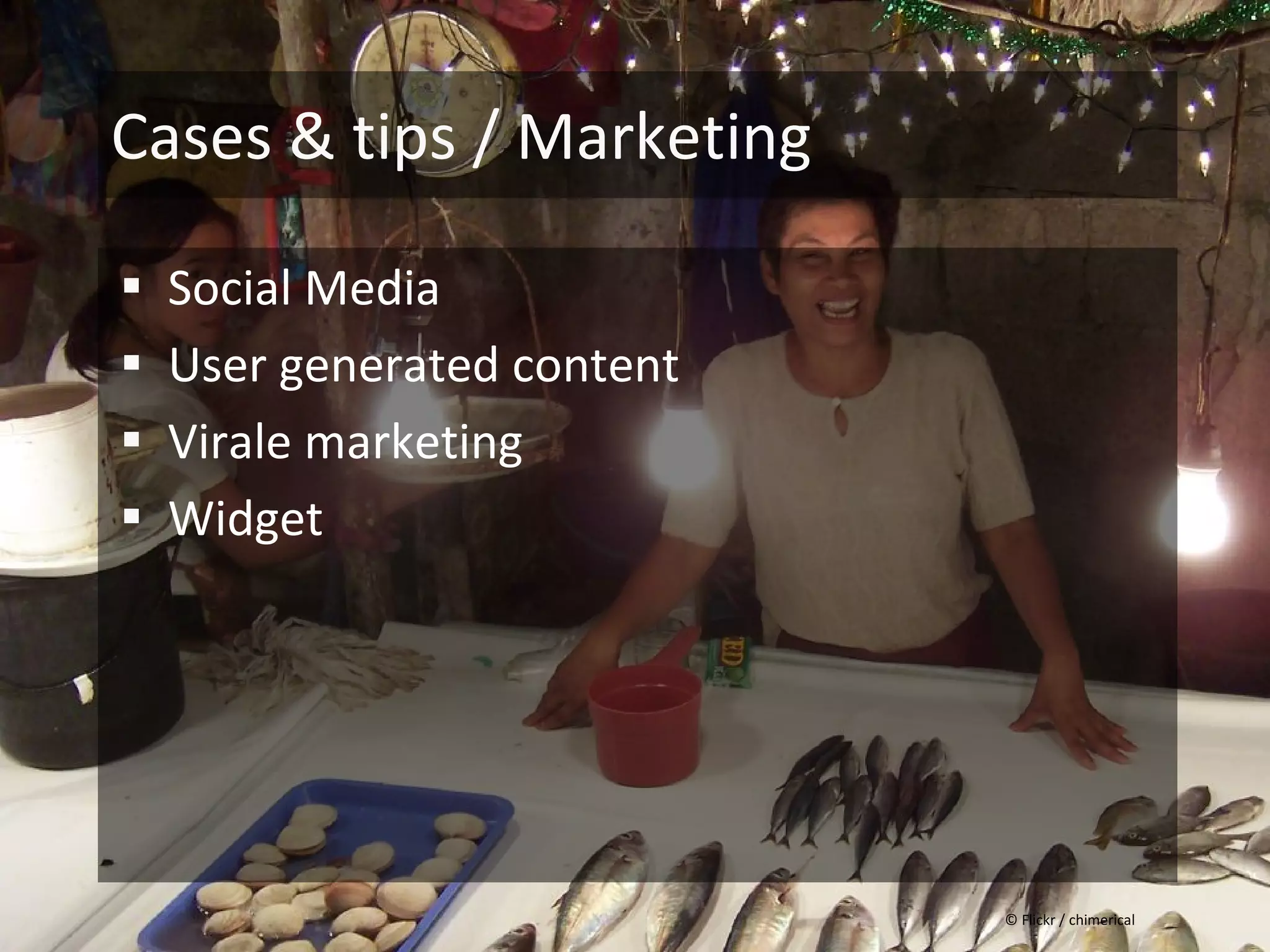 Cases & tips / Marketing

 Social Media
 User generated content
 Virale marketing
 Widget




                           © Flickr / chimerical
 