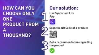 HOW CAN YOU
CHOOSE ONLY
ONE
PRODUCT FROM
A
THOUSAND?
Our solution:
2
3
1
Use Synterium Life
App
Scan the QR Code of a product
Get a recommendation regarding
the product
 