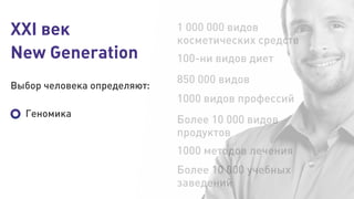 XXI век
New Generation
Выбор человека определяют:
Более 10 000 учебных
заведений
1 000 000 видов
косметических средств
100-ни видов диет
850 000 видов
лекарств
1000 видов профессий
Более 10 000 видов
продуктов
1000 методов лечения
Геномика
 