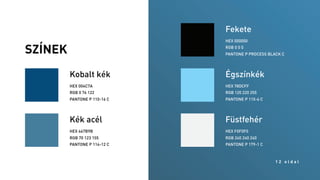 SZÍNEK
1 2 o l d a l
HEX 004C7A
Kobalt kék
RGB 0 76 122
PANTONE P 110-16 C
HEX 467B9B
RGB 70 123 155
PANTONE P 114-12 C
Kék acél
HEX 000000
RGB 0 0 0
PANTONE P PROCESS BLACK C
Fekete
HEX 78DCFF
Égszínkék
RGB 120 220 255
PANTONE P 115-6 C
HEX F0F0F0
RGB 240 240 240
PANTONE P 179-1 C
Füstfehér
 