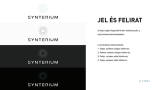 6 o l d a l
JEL ÉS FELIRAT
A teljes logót elegendő térben alkalmazzák, a
cég hivatalos bemutatásakor.
4 variációban alkalmazható:
1. Teljes színben világos háttérrel;
2. Fekete színben világos háttérrel;
3. Fehér színben sötét háttérrel;
4. Teljes színben sötét háttérrel.
 