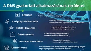 A DNS gyakorlati alkalmazásának területei:
Egészség
• öröklési lehetőségek;
• hajlamosság különféle betegségekhez;
A szépség tökéletesítése
• hatékony kozmetikai szerek kiválasztása;
• személyre szabott táplálkozás, diéta kiválasztása;
Oktatás tervezése
• az emberi tehetségek kiderítése;
• oktatási irány meghatározása;
• ideális partner kiválasztása a biológiai összeférhetőség alapján;
• Egészséges gyermek születésének tervezése.Családtervezés
• szakmai irányzat meghatározása;
• hatékony személyzetkiválasztás;Üzleti aktivitás
• biometrikus azonosító;
• rokonsági kapcsolatok kiderítése;Az ember azonosítása
 