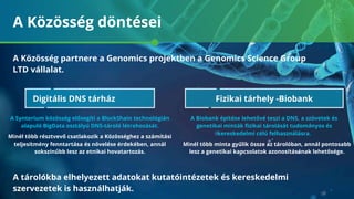 A Közösség döntései
A tárolókba elhelyezett adatokat kutatóintézetek és kereskedelmi
szervezetek is használhatják.
Minél több résztvevő csatlakozik a Közösséghez a számítási
teljesítmény fenntartása és növelése érdekében, annál
sokszínűbb lesz az etnikai hovatartozás.
Minél több minta gyűlik össze az tárolóban, annál pontosabb
lesz a genetikai kapcsolatok azonosításának lehetősége.
A Synterium közösség elősegíti a BlockShain technológián
alapuló BigData osztályú DNS-tároló létrehozását.
A Biobank építése lehetővé teszi a DNS, a szövetek és
genetikai minták ﬁzikai tárolását tudományos és
kereskedelmi célú felhasználásra.
A Közösség partnere a Genomics projektben a Genomics Science Group
LTD vállalat.
Digitális DNS tárház Fizikai tárhely -Biobank
 