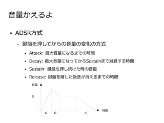 音量かえるよ

●   ADSR方式
    –   鍵盤を押してからの音量の変化の方式
        ●   Attack: 最大音量になるまでの時間
        ●   Decay: 最大音量になってからSustainまで減衰する時間
        ●   Sustain: 鍵盤を押し続けた時の音量
        ●   Release: 鍵盤を離した後音が消えるまでの時間
            音量



            S



                                    時間
                 A   D       R
 