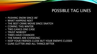POSSIBLE TAG LINES
• PUSHING SNOW SINCE 86’
• WHAT HAPPENS NEXT
• THE BEST CRIME MOVIE SINCE SNATCH
• COMING THIS WINTER
• TWO GANGS ONE CASE
• TRUST NOBODY
• TIMES HAVE CHANGED
• THE RANKS ARE CHANGING
• KEEP YOUR FRIENDS CLOSE BUT YOUR ENEMYS CLOSER
• GUNS GLITTER AND ALL THINGS BITTER
 