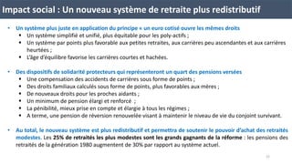 Impact social : Un nouveau système de retraite plus redistributif
• Un système plus juste en application du principe « un euro cotisé ouvre les mêmes droits
 Un système simplifié et unifié, plus équitable pour les poly-actifs ;
 Un système par points plus favorable aux petites retraites, aux carrières peu ascendantes et aux carrières
heurtées ;
 L’âge d’équilibre favorise les carrières courtes et hachées.
• Des dispositifs de solidarité protecteurs qui représenteront un quart des pensions versées
 Une compensation des accidents de carrières sous forme de points ;
 Des droits familiaux calculés sous forme de points, plus favorables aux mères ;
 De nouveaux droits pour les proches aidants ;
 Un minimum de pension élargi et renforcé ;
 La pénibilité, mieux prise en compte et élargie à tous les régimes ;
 A terme, une pension de réversion renouvelée visant à maintenir le niveau de vie du conjoint survivant.
• Au total, le nouveau système est plus redistributif et permettra de soutenir le pouvoir d’achat des retraités
modestes. Les 25% de retraités les plus modestes sont les grands gagnants de la réforme : les pensions des
retraités de la génération 1980 augmentent de 30% par rapport au système actuel.
22
 