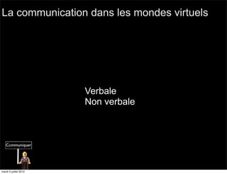 La communication dans les mondes virtuels




                       Verbale
                       Non verbale




mardi 3 juillet 2012
 
