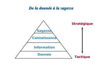 De la donnée à la sagesse


                        Stratégique

    Sagesse

 Connaissance


  Information

    Donnée
                            Tactique
 
