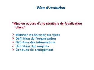 Plan d'évolution


"Mise en oeuvre d'une stratégie de focalisation
  client"

   Méthode d'approche du client
   Définition de l'organisation
   Défintion des informations
   Définition des moyens
   Conduite du changement
 