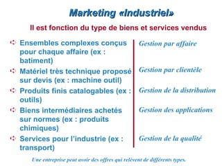 Marketing «Industriel»
     Il est fonction du type de biens et services vendus
Á Ensembles complexes conçus                          Gestion par affaire
  pour chaque affaire (ex :
  batiment)
Á Matériel très technique proposé                     Gestion par clientèle
  sur devis (ex : machine outil)
Á Produits finis catalogables (ex :                   Gestion de la distribution
  outils)
Á Biens intermédiaires achetés                        Gestion des applications
  sur normes (ex : produits
  chimiques)
Á Services pour l’industrie (ex :                     Gestion de la qualité
  transport)
      Une entreprise peut avoir des offres qui relèvent de différents types.
 