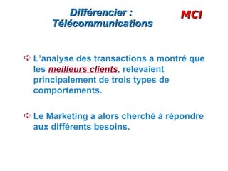 Différencier :           MCI
      Télécommunications


Á L’analyse des transactions a montré que
  les meilleurs clients, relevaient
  principalement de trois types de
  comportements.

Á Le Marketing a alors cherché à répondre
  aux différents besoins.
 