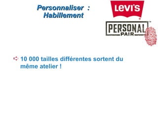 Personnaliser :
         Habillement




Á 10 000 tailles différentes sortent du
  même atelier !
 