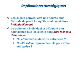 Implications stratégiques


Á Les clients peuvent être une source plus
  féconde de profit lorsqu'ils sont considérés
  individuellement
Á Le traitement individuel est d'autant plus
  souhaitable que les clients sont plus faciles à
  différencier :
      Qu'attendent-ils de votre entreprise ?
      Quelle valeur représentent-ils pour votre
       entreprise ?
 