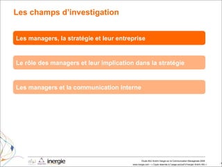 Les champs d’investigation Les managers, la stratégie et leur entreprise Le rôle des managers et leur implication dans la stratégie Les managers et la communication interne 