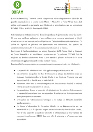 Kawakibi Democracy Transition Center a organisé un atelier «Importance du décret-loi 88
pour les organisations de la socié...