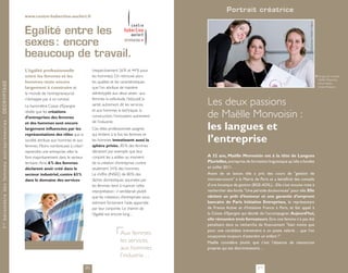 Portrait créatrice
                                                                 www.centre-hubertine-auclert.fr




                                                                                                                                                                                                                   Crédit photo : Frédéric Trégret
                                                                 Egalité entre les
                                                                 sexes : encore
                                                                 beaucoup de travail.
                                                                 L’égalité professionnelle                   (respectivement 26 % et 44 % pour
                                                                 entre les femmes et les                     les hommes). On retrouve alors                                                                                                          
                                                                                                                                                                                                                                                     De gauche à droite,
                                                                                                                                                                                                                                                     Maëlle Monvoisin,
                                                                 hommes reste encore                         les qualités et les caractéristiques
1 er b ar o mètr e des femmes entr epr eneur es - D ÉCR YPTAGE




                                                                                                                                                                                                                                                     Anna Cattan,
                                                                 largement à construire et                   que l’on attribue de manière                                                                                                            Gracia Requena

                                                                 le monde de l’entrepreneuriat               stéréotypée aux deux sexes : aux
                                                                 n’échappe pas à ce constat.
                                                                 Le baromètre Caisse d’Epargne
                                                                                                             femmes la sollicitude, l’éducatif, la
                                                                                                             santé, autrement dit les services,      Les deux passions
                                                                                                                                                     de Maëlle Monvoisin :
                                                                 révèle que les créations                    et aux hommes la technique, la
                                                                 d’entreprises des femmes                    construction, l’innovation, autrement
                                                                                                             dit l’industrie.
                                                                 et des hommes sont encore
                                                                 largement influencées par les               Ces rôles professionnels assignés       les langues et
                                                                                                                                                     l’entreprise
                                                                 représentations des rôles que la            qui limitent à la fois les femmes et
                                                                 société attribue aux hommes et aux          les hommes investissent aussi la
                                                                 femmes. Moins nombreuses à créer/           sphère privée. 85 % des femmes
                                                                 reprendre une entreprise, elles le          déclarent par exemple que leur
                                                                 font majoritairement dans le secteur        conjoint les a aidées au moment         A 32 ans, Maëlle Monvoisin est à la tête de Langues
                                                                 tertiaire. Ainsi, 6 % des femmes            de la création d’entreprise, contre     Plurielles, entreprise de formation linguistique qu’elle a fondée
                                                                 déclarent avoir créé dans le                seulement 54 % des hommes.              en juillet 2011.
                                                                 secteur industriel, contre 63 %             Le chiffre (INSEE) de 80 % des          Avant de se lancer, elle a pris des cours de gestion de
                                                                 dans le domaine des services                tâches domestiques assumées par         microstructure à la Mairie de Paris et a bénéficié des conseils
                                                                                                             les femmes tend à nuancer cette         d’une boutique de gestion (BGE-ADIL)... Elle s’est ensuite mise à
                                                                                                             interprétation : il semblerait plutôt   rechercher des fonds. Une période douloureuse pour elle. Elle
                                                                                                             que les créateurs d’entreprises sous-   obtient un prêt d’honneur et une garantie d’emprunt
                                                                                                             estiment fortement l’aide apportée      bancaire de Paris Initiative Entreprises, le représentant
                                                                                                             par leur conjointe. Le chemin de        de France Active et d’Initiative France à Paris, et fait appel à
                                                                                                             l’égalité est encore long…              la Caisse d’Epargne qui décide de l’accompagner. Aujourd’hui,
                                                                                                                                                     elle rémunère trois formateurs. Etre une femme n’a pas été
                                                                                                                                                     pénalisant dans sa recherche de financement bien moins que
                                                                                                                                                     pour une candidate trentenaire à un poste salarié… que l’on
                                                                                                                               Aux femmes            soupçonne toujours d’attendre un enfant !.
                                                                                                                               les services,         Maëlle considère plutôt que c’est l’absence de ressources
                                                                                                                               aux hommes            propres qui est discriminatoire…
                                                                                                                               l’industrie…
                                                                                                        20                                                                         21
 