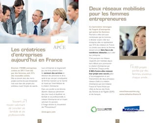 Deux réseaux mobilisés
                                                                                        pour les femmes
                                                                                        entrepreneures
                                                                                        Ce baromètre témoigne
                                                                                        de l’esprit d’entreprise
                                                                                        qui anime les femmes.
                                                                                        Pourtant, si elles sont aussi
                                                                                        nombreuses que les hommes
                                                                                        à déclarer vouloir créer leur
                                                                                        entreprise, elles ne représentent
                                                                                        que 32 % des créateurs en France.
                                                                                        Le constat nous alerte : les femmes
    Les créatrices                                                                      doivent encore faire face à de
                                                                                        nombreux obstacles pour créer
    d’entreprises                                                                       leur entreprise.


    aujourd’hui en France
                                                                                        C’est pourquoi nos réseaux
                                                                                        respectifs sont mobilisés depuis
                                                                                        leurs débuts pour promouvoir
                                                                                        la création d’entreprises par
    Environ 170 000 entreprises                  Leurs entreprises se singularisent     les femmes. Chaque année,
                                                                                                                                                8 000 projets
    créées en 2011 l’ont été                     par une forte présence dans            8 000 d’entre-elles mènent                              portés par des
    par des femmes, soit 32 %                    les secteurs des services en           leur projet avec succès grâce                           femmes, soutenus
    des nouvelles unités.                        direction des personnes et de la       à l’accompagnement et aux
    Elles se lancent dans des micro-             santé et par une part conséquente      financements des deux principaux
                                                                                                                                                chaque année…
    projets (comme les auto-entreprises)         de femmes revenant sur le marché       réseaux d’aide à la création
    mais aussi dans des projets plus             du travail par l’intermédiaire de      d’entreprise que sont Initiative
    ambitieux visant l’emploi de salariés.       la création d’entreprise.              France et France Active aux
                                                 Dans une société où les femmes         côtés du Service des Droits
                                                 désirent s’épanouir pleinement         des Femmes et de l’Egalité (SDFE)         www.franceactive.org
                                                 dans leur travail et équilibrer vie    et des banques.                           www.initiative-france.fr
                                                 familiale et vie professionnelle, la
                                                 création d’entreprise est un moyen
     Souvent un                                  valorisant d’y parvenir,
moyen valorisant                                 à l’image récente du mouvement
                                                 des "Mompreneurs".
 de concilier vie
  familiale et vie                               www.apce.com
 professionnelle.
                                             6                                                                                7
 