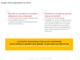 © Limelight — 2015 — Reproduction interdite
La pression économique n’est qu’une composante
d’une remise en question plus globale, et pas juste une idée en soi
« Si le dirigeant se contente de dire j’ai X millions à faire cette année, ça ne marche pas »
Prendre en compte les nouvelles
obligations des entreprises
« Faire le pont entre l’image institutionnelle
et le quotidien des gens »
« Sortir de la marque souveraine pour être
drivé par le business »
Prendre en compte les grands
enjeux de société
« Un enjeu de responsabilité :
réputation sur ce que l’on fait, pourquoi
on le fait et comment on le fait. On ne
peut pas être durable sur un marché
sans être durablement responsable.
Cela implique des responsabilités que
nous n’avons jamais connues à ce
niveau là »
Jongler entre pragmatisme et vision
 