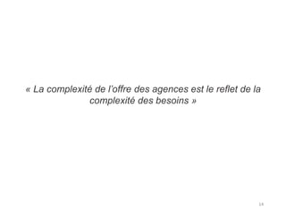 14
« La complexité de l’offre des agences est le reflet de la
complexité des besoins »
 
