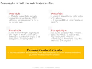 © Limelight — 2015 — Reproduction interdite
Plus compréhensible et accessible
« J’aurais l’obsession de la simplicité, sans mots compliqués, ou en les rendant accessibles,
ça permet de désacraliser les choses »
Plus court
« Il faut être percutant plus court, plus
marquant, les présentations à 12000
références qui vous racontent la vie, ça
ne convainc plus »
Plus précis
« La volonté de qualifier leur métier au lieu
d’être obscur »
« Ils sont tous 360…Ils oublient de dire qui
ils sont »
Plus simple
« Elles devraient être plus pragmatiques,
plus simples et directes. Sur les sites,
certaines se roulent dans le jargon, ça fait
des systèmes peu appropriables »
Plus spécifique
« Le jeu des agences c’est de s’emparer
de tous les thèmes à la mode : la data,
l’expérience clients, l’innovation… »
« On ne sait pas déterminer la valeur des
différences qu’ils proposent »
Besoin de plus de clarté pour s’orienter dans les offres
 
