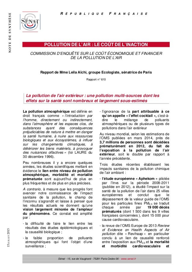 Le Cout Economique Et Financier De La Pollution De L Air Synthese D