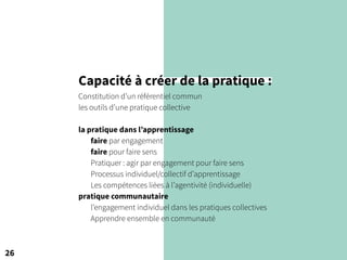 26
Capacité à créer de la pratique :
Constitution d’un référentiel commun
les outils d’une pratique collective
la pratique dans l’apprentissage
faire par engagement
faire pour faire sens
Pratiquer : agir par engagement pour faire sens
Processus individuel/collectif d’apprentissage
Les compétences liées à l’agentivité (individuelle)
pratique communautaire
l’engagement individuel dans les pratiques collectives
Apprendre ensemble en communauté
 