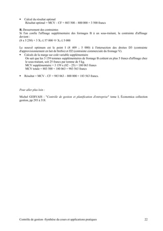  Calcul du résultat optimal
Résultat optimal = MCV – CF = 803 500 – 800 000 = 3 500 francs
B. Desserrement des contraintes
Si l'on confie l'affinage supplémentaire des formages B à un sous-traitant, la contrainte d'affinage
devient :
(8 x 5 250) + 3 XV ≤ 57 000  XV ≤ 5 000
Le nouvel optimum est le point I (8 409 ; 5 000) à l'intersection des droites D3 (contrainte
d'approvisionnement en lait de brebis) et D2 (contrainte commerciale du fromage V).
 Calculs de la marge sur coût variable supplémentaire
On sait que les 3 159 tommes supplémentaires de fromage B coûtent en plus 5 francs d'affinage chez
le sous-traitant, soit 25 francs par tomme de 5 kg.
MCV supplémentaire = 3 159 x (82 – 25) = 180 063 francs
MCV totale = 803 500 + 180 063 = 983 563 francs
 Résultat = MCV – CF = 983 063 – 800 000 = 183 563 francs.
Pour aller plus loin :
Michel GERVAIS : "Contrôle de gestion et planification d'entreprise" tome I, Économica collection
gestion, pp 293 à 318.
Contrôle de gestion -Synthèse du cours et applications pratiques 22
 