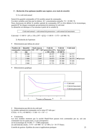 C – Recherche d'un optimum (modèle sans rupture, avec stock de sécurité)
1) Le coût total annuel
Soient Q la quantité commandée et N le nombre annuel de commandes.
Ces deux variables sont liées par la relation : Q = consommation annuelle / N = 10 200 / N.
Nous choisissons de définir le nombre optimal de commandes (N*) et d'en déduire le lot économique,
quantité Q* de chaque commande qui permettent de minimiser le coût total.
La démarche est identique si l'on raisonne à partir de la variable Q.
Coût total annuel = coût annuel de possession + coût annuel de lancement
Coût total = 5 100 N + [6% x 150 x (397 + Q/2)] = 5 100 N + 3 573 + (45 900 / N)
2) Recherche de l'optimum
 Détermination par tableau de calcul
Nombre de
commandes
(N)
Quantité
commandée
(Q)
Stock moyen
SM = 397 + Q/2
Coût de
possession (6%
x 150 x SM)
Coût de
lancement
(5 100 N)
Coût total
1 10 200 5 497 49 473 5 100 54 573
2 5 100 2 947 26 523 10 200 36 723
3 3 400 2 097 18 873 15 300 34 173 Optimum
4 2 550 1 672 15 048 20 400 35 448
5 2 040 1 417 12 753 25 500 38 253
 Détermination graphique
 Détermination par dérivée du coût total
Le nombre optimum de commandes est la valeur N* telle que :
CT'(N) = 0  (- 45 900/N²) + 5 100 = 0 => N* = 3
 Conclusions
Les trois modèles montrent que la société Handi-Niort passera trois commandes par an, soit une
commande tous les quatre mois, ce qui correspond à :
un lot économique de 10 200 / 3 = 3 400 composants
un coût total des stocks : 3 573 + (45 900 / 3) + (5 100 x 3) = 34 173 francs.
Contrôle de gestion -Synthèse du cours et applications pratiques 25
1 2 3 4 5Nombre de commandes
Coûts
Coût total
Coût de lancement
Coût de possession
 
