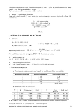 Le coût de lancement de chaque commande est égal à 224 francs. Le taux de possession annuel des stocks
s'élève à 8,40 % de la valeur du stock moyen.
Le volume commandé au fournisseur doit être constant.
 Annexe 2 : conditions du fournisseur
Le prix de vente brut est de 75 francs l'unité. Une remise est accordée ou non en fonction du volume Q de
commande :
Q ≤ 1 200 : pas de remise
1 200 < Q ≤ 2 400 : remise 2 %
2 400 < Q ≤ 4 800 : remise 2,5 %
Q > 4 800 : remise 4 %
Solution
1. Recherche du lot économique sans tarif dégressif
 Optimum
Cl = 224 N = 1 290 240 / Q
=> CT = (1 290 240 / Q) + 3,15 Q
Cp = 8,4 % x 75 x Q / 2 = 3,15 Q
Optimum pour Q* tel que
On en déduit que la société devra passer 5 760 / 640 = 9 commandes par an.
 Coût total des stocks :
Cl +Cp = 224 N + 3,15 Q = (224 x 9) + (3,15 x 640) = 4 032 francs.
 Coût total d'approvisionnement :
CT = coût d'achat + coût des stocks = (5 760 x 75) + 4 032 = 436 032 francs.
2. Étude des tarifs dégressifs
a) Nombre entiers de commandes pour lesquels les conditions tarifaires sont modifiées
Nombre de commandes Quantités commandées Conditions de remise
1 5 760 4 %
2 2 880 2,5 %
3 1 920 2 %
4 1 440 2 %
5 1 152 pas de remise
b) Tableau de calcul du coût d'achat
N Q Stock moyen Cp (1) Cl Coût
d'achat
Coût total
1 5 760 2 880 17 418 224 414 720 432 362
2 2 880 1 400 8 845 448 421 200 430 493
3 1 920 960 52 927 672 423 360 429 959
4 1 440 720 4 445 896 423 360 428 701
(1) Cp = 8,4 % x 75 x (1 – taux de remise) x stock moyen, les résultats étant arrondis au franc le plus proche.
La société minimisera ses coûts en passant 4 commandes par an.
Contrôle de gestion -Synthèse du cours et applications pratiques 28
640*015,3
Q
2402901
-0(Q)CT' 2
=⇒=+⇔= Θ
 