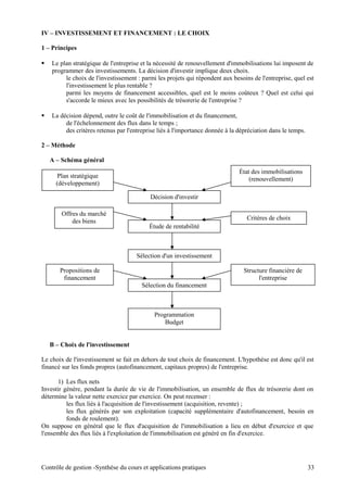 IV – INVESTISSEMENT ET FINANCEMENT : LE CHOIX
1 – Principes
 Le plan stratégique de l'entreprise et la nécessité de renouvellement d'immobilisations lui imposent de
programmer des investissements. La décision d'investir implique deux choix.
le choix de l'investissement : parmi les projets qui répondent aux besoins de l'entreprise, quel est
l'investissement le plus rentable ?
parmi les moyens de financement accessibles, quel est le moins coûteux ? Quel est celui qui
s'accorde le mieux avec les possibilités de trésorerie de l'entreprise ?
 La décision dépend, outre le coût de l'immobilisation et du financement,
de l'échelonnement des flux dans le temps ;
des critères retenus par l'entreprise liés à l'importance donnée à la dépréciation dans le temps.
2 – Méthode
A – Schéma général
B – Choix de l'investissement
Le choix de l'investissement se fait en dehors de tout choix de financement. L'hypothèse est donc qu'il est
financé sur les fonds propres (autofinancement, capitaux propres) de l'entreprise.
1) Les flux nets
Investir génère, pendant la durée de vie de l'immobilisation, un ensemble de flux de trésorerie dont on
détermine la valeur nette exercice par exercice. On peut recenser :
les flux liés à l'acquisition de l'investissement (acquisition, revente) ;
les flux générés par son exploitation (capacité supplémentaire d'autofinancement, besoin en
fonds de roulement).
On suppose en général que le flux d'acquisition de l'immobilisation a lieu en début d'exercice et que
l'ensemble des flux liés à l'exploitation de l'immobilisation est généré en fin d'exercice.
Contrôle de gestion -Synthèse du cours et applications pratiques 33
Plan stratégique
(développement)
État des immobilisations
(renouvellement)
Décision d'investir
Étude de rentabilité
Sélection d'un investissement
Programmation
Budget
Sélection du financement
Offres du marché
des biens
Propositions de
financement
Structure financière de
l'entreprise
Critères de choix
 