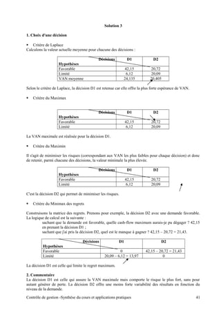 Solution 3
1. Choix d'une décision
 Critère de Laplace
Calculons la valeur actuelle moyenne pour chacune des décisions :
Décisions
Hypothèses
D1 D2
Favorable 42,15 20,72
Limité 6,12 20,09
VAN moyenne 24,135 20,405
Selon le critère de Laplace, la décision D1 est retenue car elle offre la plus forte espérance de VAN.
 Critère du Maximax
Décisions
Hypothèses
D1 D2
Favorable 42,15 20,72
Limité 6,12 20,09
La VAN maximale est réalisée pour la décision D1.
 Critère du Maximin
Il s'agit de minimiser les risques (correspondant aux VAN les plus faibles pour chaque décision) et donc
de retenir, parmi chacune des décisions, la valeur minimale la plus élevée.
Décisions
Hypothèses
D1 D2
Favorable 42,15 20,72
Limité 6,12 20,09
C'est la décision D2 qui permet de minimiser les risques.
 Critère du Minimax des regrets
Construisons la matrice des regrets. Prenons pour exemple, la décision D2 avec une demande favorable.
La logique de calcul est la suivante :
sachant que la demande est favorable, quelle cash-flow maximum aurais-je pu dégager ? 42,15
en prenant la décision D1 ;
sachant que j'ai pris la décision D2, quel est le manque à gagner ? 42,15 – 20,72 = 21,43.
Décisions
Hypothèses
D1 D2
Favorable 0 42,15 – 20,72 = 21,43
Limité 20,09 – 6,12 = 13,97 0
La décision D1 est celle qui limite le regret maximum.
2. Commentaire
La décision D1 est celle qui assure la VAN maximale mais comporte le risque le plus fort, sans pour
autant générer de perte. La décision D2 offre une moins forte variabilité des résultats en fonction du
niveau de la demande.
Contrôle de gestion -Synthèse du cours et applications pratiques 41
 