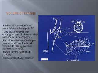 La mesure des volumes est réalisable en échographie 2 D Une étude pourrait être envisagée dans plusieurs centres (nationaux et ? européens). Un calcul relativement simple permet de définir l’index de volume de plaque avec nos appareils d’écho 2D Expert : Pr Ph ARBEILLE  ( Tours)  : arbeille@med.univ-tours.fr  