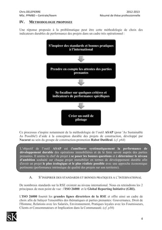 Chris	
  DELEPIERRE	
  	
  	
  	
  	
  	
  	
  	
  	
  	
  	
  	
  	
  	
  	
  	
  	
  	
  	
  	
  	
  	
  	
  	
  	
  	
  	
  	
  	
  	
  	
  	
  	
  	
  	
  	
  	
  	
  	
  	
  	
  	
  	
  	
  	
  	
  	
  	
  	
  	
  	
  	
  	
  	
  	
  	
  	
  	
  	
  	
  	
  	
  	
  	
  	
  	
  	
  	
  	
  	
  	
  	
  	
  	
  	
  	
  	
  	
  	
  	
  	
  	
  	
  	
  	
  	
  	
  	
  	
  	
  	
  	
  	
  	
  	
  	
  	
  	
  	
  	
  	
  	
  	
  	
  	
  	
  	
  	
  	
  	
  	
  	
  	
  	
  	
  	
  	
  	
  	
  	
  	
  	
  	
  	
  	
  	
  	
  2012-­‐2013	
  
MSc.	
  PPMBD	
  –	
  Centrale/Iteem	
  	
  	
  	
  	
  	
  	
  	
  	
  	
  	
  	
  	
  	
  	
  	
  	
  	
  	
  	
  	
  	
  	
  	
  	
  	
  	
  	
  	
  	
  	
  	
  	
  	
  	
  	
  	
  	
  	
  	
  	
  	
  	
  	
  	
  	
  	
  	
  	
  	
  	
  	
  	
  	
  	
  	
  	
  	
  	
  	
  	
  	
  	
  	
  Résumé	
  de	
  thèse	
  professionnelle	
  
4
IV. METHODOLOGIE PROPOSEE
Une réponse proposée à la problématique peut être cette méthodologie de choix des
indicateurs durables de performance des projets dans un cadre très opérationnel :
Ce processus s'inspire notamment de la méthodologie de l’outil ASAP (pour 'As Sustainable
As Possible') d’aide à la conception durable des projets de construction, développé par
Nacarat au sein du groupe de construction-promotion Rabot Dutilleul. (cf. p64)
A. S’INSIPIRER DES STANDARDS ET BONNES PRATIQUES A L’INTERNATIONAL
De nombreux standards sur la RSE existent au niveau international. Nous en reteindrons les 2
principaux de mon point de vue : l'ISO 26000 et le Global Reporting Initiative (GRI).
L'ISO 26000 fournit les grandes lignes directrices de la RSE et offre ainsi un cadre de
choix afin de balayer l'ensembles des thématiques et parties prenantes: Gouvernance, Droit de
l'Homme, Relations avec les Salariés, Environnement, Pratiques loyales avec les Fournisseurs,
Clients et Consommateurs et Implication dans la Communauté. (cf. p56)
L’objectif de l’outil ASAP est d'améliorer systématiquement la performance de
développement durable des opérations immobilières et de le faire savoir auprès des parties
prenantes. Il amène le chef de projet à se poser les bonnes questions et à déterminer le niveau
d'ambition souhaité sur chaque projet immobilier en termes de développement durable afin
d'avoir un projet le plus écologique et le plus réaliste possible avec une approche économique
pertinente (performance intrinsèque de qualité des projets sur son territoire).
 