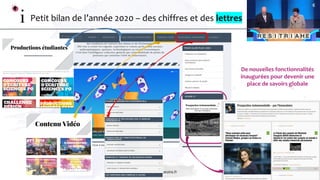 www.linnovatoire.fr
4
Petit bilan de l’année 2020 – des chiffres et des lettres
De nouvelles fonctionnalités
inaugurées pour devenir une
place de savoirs globale
 