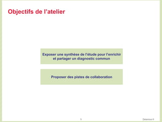 Delamour.fr
Objectifs de l’atelier
5
Exposer une synthèse de l’étude pour l’enrichir
et partager un diagnostic commun
Prop...