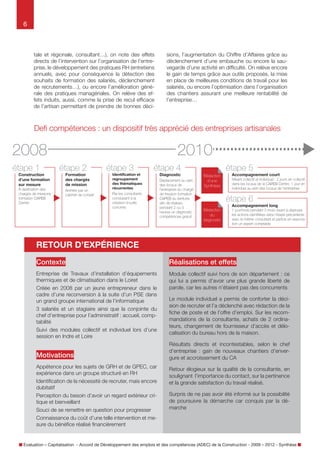 6

régionale, consultant…), on note des effets directs
de l’intervention sur l’organisation, le développement
des pratiques RH (entretiens annuels, avec pour
conséquence la détection des souhaits de formation
des salariés, déclenchement de recrutements…), ou
encore l’amélioration générale des pratiques managériales. On relève des effets induits, aussi, comme
la prise de recul efficace de l’artisan permettant de
prendre de bonnes décisions, l’augmentation du

chiffre d’affaires grâce au déclenchement d’une embauche ou encore la sauvegarde d’une activité en
difficulté. On relève encore le gain de temps grâce
aux outils proposés, la mise en place de meilleures
conditions de travail pour les salariés, ou encore l’optimisation dans l’organisation des chantiers assurant
une meilleure rentabilité de l’entreprise…

Défi compétences : un dispositif très apprécié des entreprises artisanales

2008
étape 1

Construction
d’une formation
sur mesure

2010
étape 2

À destination des
chargés de missions
formation CAPEB
Centre

Formation
des chargés
de mission
Animée par un
cabinet de conseil

étape 3

Identification et
regroupement
des thématiques
récurrentes
Par les consultants
conduisant à la
création d’outils
concrets

étape 4
Diagnostic

Déplacement au sein
des locaux de
l’entreprise du chargé
de mission formation
CAPEB afin de
réaliser, pendant 2 ou
3 heures un
diagnostic
compétences gratuit

étape 5
Rédaction
d’une
Synthèse

Accompagnement court
Mixant collectif et individuel : 2 jours en collectif
dans les locaux de la CAPEB Centre. 1 jour en
individuel au sein des locaux de l’entreprise

étape 6
Rédaction
du
diagnostic

Accompagnement long
1 jour/mois pendant 5 mois visant à déployer
les actions identifiées dans l’étape précédente
avec le même consultant et parfois en association un expert comptable

RETOUR D’EXPÉRIENCE
Contexte

Réalisations et effets

Entreprise de Travaux d’installation d’équipements
thermiques et de climatisation dans le Loiret.

Le module collectif a été suivi hors de son département : ce qui lui a permis d’avoir une plus grande
liberté de parole, car les autres n’étaient pas des
concurrents.

Créée en 2008 par un jeune entrepreneur dans le
cadre d’une reconversion à la suite d’un PSE dans
un grand groupe international de l’informatique.
3 salariés et un stagiaire ainsi que la conjointe du
chef d’entreprise pour l’administratif : accueil, comptabilité.
A bénéficié d’un accompagnement court.

Motivations
Appétence pour les sujets de GRH et de GPEC, car
expérience dans un groupe structuré en RH.
Identification de la nécessité de recruter, mais encore
dubitatif.
Perception du besoin d’avoir un regard extérieur critique et bienveillant.
Souci de se remettre en question pour progresser.

Le module individuel a permis de conforter la décision de recruter et l’a déclenché avec rédaction de la
fiche de poste et de l’offre d’emploi. Sur les recommandations du prestataire, achat de 2 ordinateurs,
changement de fournisseur d’accès et délocalisation
du bureau hors de la maison.
Résultats directs et incontestables, selon le chef
d’entreprise : gain de nouveaux chantiers d’envergure et accroissement du chiffre d’affaires.
Retour élogieux sur la qualité du prestataire, en soulignant l’importance du contact, sur la pertinence et
la grande satisfaction du travail réalisé.
Surpris de ne pas avoir été informé sur la possibilité
de poursuivre la démarche par un accompagnement
long car conquis par la démarche.

Connaissance du coût d’une telle intervention et mesure du bénéfice réalisé financièrement.

Évaluation – Capitalisation - Accord de Développement des emplois et des compétences (ADEC) de la Construction - 2009 – 2012 - Synthèse

 