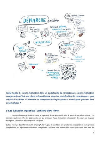 5
Table Ronde 2 : L’auto-évaluation dans un portefeuille de compétences. L’auto-évaluation
occupe aujourd’hui une place prépondérante dans les portefeuilles de compétences: quel
crédit lui accorder ? Comment les compétences linguistiques et numériques peuvent être
autoévaluées ?
L’auto évaluation linguistique : Catherine Blons-Pierre
L’autoévaluation se définit comme le jugement de sa propre efficacité à partir de ses observations. Un
constat : seulement 3% des apprenants ont pu pratiquer l’auto-évaluation à l’occasion des cours de langues
étrangères. La capacité à s’autoévaluer s’acquiert.
Suite à l’analyse de différents outils (Dialang*, TEF*), peu de candidats ont une bonne perception de leurs propres
compétences, au regard des évaluations « objectives » qui leur sont administrées. Cette conclusion pose bien les
 