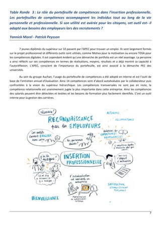 7
Table Ronde 3 : Le rôle du portefeuille de compétences dans l’insertion professionnelle.
Les portefeuilles de compétences accompagnent les individus tout au long de la vie
personnelle et professionnelle. Si son utilité est avérée pour les citoyens, cet outil est- il
adapté aux besoins des employeurs lors des recrutements ?
Yannick Morel - Patrick Peysson
7 jeunes diplômés du supérieur sur 10 passent par l’APEC pour trouver un emploi. Ils sont largement formés
sur le projet professionnel et différents outils sont utilisés, comme Motiva pour la motivation ou encore TOSA pour
les compétences digitales. Il est cependant évident qu’une démarche de portfolio est un réel avantage. La personne
a ainsi réfléchi sur ses compétences en termes de réalisations, moyens, résultats et a déjà montré sa capacité à
l’autoréflexion. L’APEC, conscient de l’importance du portefeuille, est ainsi associé à la démarche PEC des
universités.
Au sein du groupe Auchan, l’usage du portefeuille de compétences a été adopté en interne et est l’outil de
base de l’entretien annuel d’évaluation. Ainsi 14 compétences sont d’abord autoévaluées par le collaborateur puis
confrontées à la vision du supérieur hiérarchique. Les compétences transversales ne sont pas en reste, la
compétence relationnelle est unanimement jugée la plus importante dans cette entreprise. Ainsi les compétences
des salariés peuvent être détectées et testées et les besoins de formation plus facilement identifiés. C’est un outil
interne pour la gestion des carrières.
 
