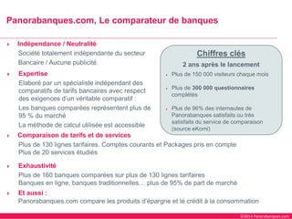 ©2014 Panorabanques.com 
Indépendance / Neutralité 
Société totalement indépendante du secteur 
Bancaire / Aucune publicité 
Comparaison de tarifs et de services 
Plus de 130 lignes tarifaires. Comptes courants et Packages pris en compte 
Plus de 20 services étudiés 
Exhaustivité 
Plus de 160 banques comparées sur plus de 130 lignes tarifaires 
Banques en ligne, banques traditionnelles… plus de 95% de part de marché 
Et aussi : 
Panorabanques.com compare les produits d’épargne et le crédit à la consommation 
Panorabanques.com, Le comparateur de banques 
Chiffres clés 
2ans après le lancement 
Plus de 150 000 visiteurs chaque mois 
Plus de 300 000 questionnaires complétés 
Plus de 96% des internautes de Panorabanques satisfaits ou très satisfaits du service de comparaison (source eKomi) 
Expertise 
Elaboré par un spécialiste indépendant des comparatifs de tarifs bancaires avec respect des exigences d’un véritable comparatif : 
Les banques comparéesreprésentent plus de 95 % du marché 
La méthode de calcul utilisée est accessible  