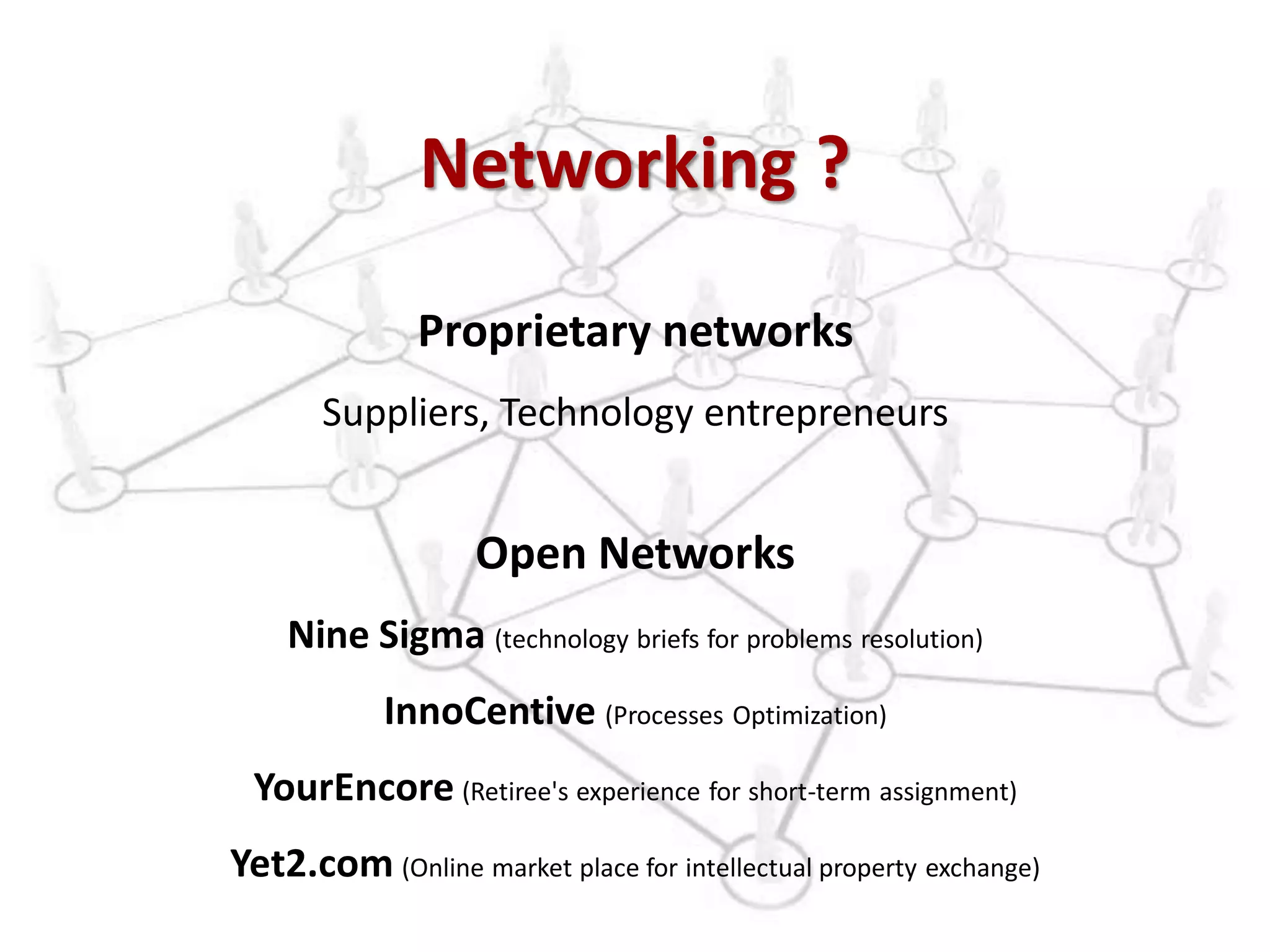 Networking ?

                   Proprietary networks
           Suppliers, Technology entrepreneurs


                       Open Networks
        Nine Sigma (technology briefs for problems resolution)
                InnoCentive (Processes Optimization)
     YourEncore (Retiree's experience for short-term assignment)
    Yet2.com (Online market place for intellectual property exchange)
8
 