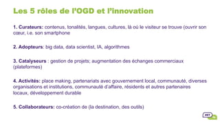 Les 5 rôles de l’OGD et l’innovation
1. Curateurs: contenus, tonalités, langues, cultures, là où le visiteur se trouve (ouvrir son
cœur, i.e. son smartphone
2. Adopteurs: big data, data scientist, IA, algorithmes
3. Catalyseurs : gestion de projets; augmentation des échanges commerciaux
(plateformes)
4. Activités: place making, partenariats avec gouvernement local, communauté, diverses
organisations et institutions, communauté d’affaire, résidents et autres partenaires
locaux, développement durable
5. Collaborateurs: co-création de (la destination, des outils)
 