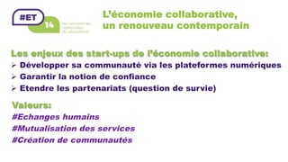 L’économie collaborative,
un renouveau contemporain
Valeurs:
#Echanges humains
#Mutualisation des services
#Création de communautés
Les enjeux des start-ups de l’économie collaborative:
Ø  Développer sa communauté via les plateformes numériques
Ø  Garantir la notion de confiance
Ø  Etendre les partenariats (question de survie)
 