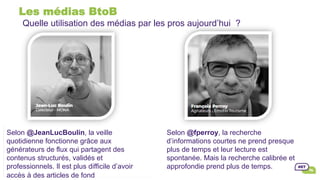 Les médias BtoB
Selon @JeanLucBoulin, la veille
quotidienne fonctionne grâce aux
générateurs de flux qui partagent des
contenus structurés, validés et
professionnels. Il est plus difficile d’avoir
accès à des articles de fond
Selon @fperroy, la recherche
d’informations courtes ne prend presque
plus de temps et leur lecture est
spontanée. Mais la recherche calibrée et
approfondie prend plus de temps.
Quelle utilisation des médias par les pros aujourd’hui ?	
 