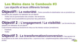 Les Mains dans le Cambouis #3
Les objectifs et leurs différents formats
Objectif1: La notoriété: Faire connaître la destination via un produit: Les
formats les plus adaptés à la réalisation de cet objectif :
-  Twitter avec la sponsorisation des comptes / des tendances
-  Instagram avec la possibilité de sponsoriser des publications
Objectif 2 : L’engagement / La visibilité: Les formats les plus
adaptés à la réalisation de cet objectif :
C’est le format vertical qui fonctionne le mieux sur les réseaux sociaux (smartphone).
-  Facebook
-  Twitter
Objectif 3 : La transformation/conversion Il faut générer de
la conversion et du trafic via les stories et les « experience lead » (expériences/photo vidéos autour d’un
produit
 
