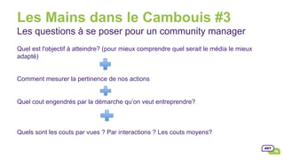 Les Mains dans le Cambouis #3
Les questions à se poser pour un community manager
Quel est l'objectif à atteindre? (pour mieux comprendre quel serait le média le mieux
adapté)
Comment mesurer la pertinence de nos actions
Quel cout engendrés par la démarche qu’on veut entreprendre?
Quels sont les couts par vues ? Par interactions ? Les couts moyens?
 