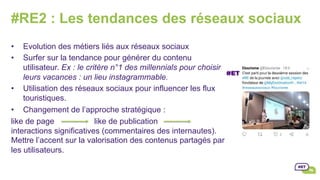 #RE2 : Les tendances des réseaux sociaux
•  Evolution des métiers liés aux réseaux sociaux
•  Surfer sur la tendance pour générer du contenu
utilisateur. Ex : le critère n°1 des millennials pour choisir
leurs vacances : un lieu instagrammable.
•  Utilisation des réseaux sociaux pour influencer les flux
touristiques.
•  Changement de l’approche stratégique :
like de page like de publication
interactions significatives (commentaires des internautes).
Mettre l’accent sur la valorisation des contenus partagés par
les utilisateurs.
 