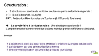•  2 structures au service du territoire, soutenues par la collectivité régionale :
IRT : Ile de la Réunion Tourisme
FRT : Fédération Réunionnaise du Tourisme (8 Offices de Tourisme)
è Le savoir-faire à la réunionnaise : Une stratégie coordonnée !
Complémentarité et cohérence des actions menées par les différentes structures.
Stratégie :		
Structuration :		
# L’expérience client au cœur de la stratégie : créativité & projets collaboratifs
# La séduction par une communication affirmée
# Une commercialisation assumée des produits touristiques
 