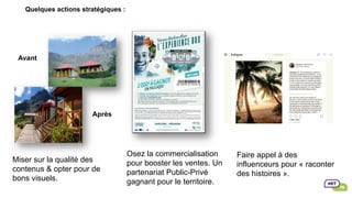 Quelques actions stratégiques :
Osez la commercialisation
pour booster les ventes. Un
partenariat Public-Privé
gagnant pour le territoire.
Miser sur la qualité des
contenus & opter pour de
bons visuels.
Après
Avant
Faire appel à des
influenceurs pour « raconter
des histoires ».
 