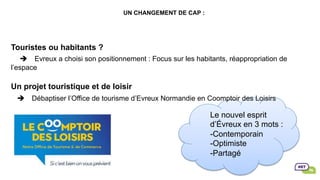 UN CHANGEMENT DE CAP :
Touristes ou habitants ?
è Evreux a choisi son positionnement : Focus sur les habitants, réappropriation de
l’espace
Un projet touristique et de loisir
è Débaptiser l’Office de tourisme d’Evreux Normandie en Coomptoir des Loisirs
Le nouvel esprit
d’Évreux en 3 mots :
- Contemporain
- Optimiste
- Partagé
 