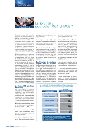 DSI, osez la rupture dans vos 
relations avec les Métiers ! 
Ces dix dernières années, la fonction 
MOA s’est structurée en pôles ou en 
direction centralisée dans la majorité 
des entreprises, sans toutefois qu’une 
configuration unique n’émerge. Cela a 
néanmoins permis de professionnaliser 
les méthodes, de mieux gérer les 
compétences et les connaissances 
fonctionnelles, de mieux piloter les 
projets transverses et de maîtriser les 
coûts cachés représentés par les MOA. 
Certaines entreprises ont de plus choisi 
d’inscrire fortement la performance 
par les processus dans leurs modes 
de fonctionnement (cartographie 
des processus Métiers, analyse de 
la performance vue du client et 
en productivité interne, démarche 
d’amélioration continue…). Elles ont 
alors souvent fait le choix de renforcer les 
pôles ou Directions MOA avec des profils 
de gestionnaire de processus. La fonction 
MOA ainsi créée se rapproche des 
Business analysts évoqués plus haut et a 
permis une plus grande cohérence entre 
procédures opérationnelles et évolutions 
applicatives. Cette démarche est le signe 
d’un bon niveau de maturité d’entreprise, 
mais n’est pas garante à elle seule d’un 
bon fonctionnement entre Métiers et DSI. 
Une fonction MOA qui éloigne 
Métier et DSI......................... 
Si la création de pôles MOA a apporté 
la majorité des bénéfices attendus, la 
présence de 3 silos distincts Métiers 
/ MOA / DSI a très souvent généré 
d’autres difficultés, matérialisées par le 
classique effet tunnel durant lequel la 
communication entre les parties s’arrête. 
Parmi les plus pénalisantes, on retrouve : 
• une moindre proximité Métiers / MOA et 
par conséquence perte de la délégation 
de décision donnée à la MOA ; 
• un manque de transparence de la DSI 
envers la MOA (cette dernière n’ayant 
plus les éléments pour instruire les 
arbitrages pertinents) ; 
• un éloignement des équipes Métiers 
et DSI (associé à la perte de la vision 
14• Les Synthèses © Solucom - Septembre 2014 
La solution : 
rapprocher MOA et MOE ? 
partagée des objectifs projets et des 
enjeux business) ; 
• un alignement des délais de 
réalisation et une lourdeur dans le suivi 
du projet (multiplication des acteurs, 
morcellement des responsabilités…). 
Dans le contexte actuel, qui exige 
performance économique, efficacité et 
réactivité des solutions informatiques 
au service des Métiers et de l’entreprise, 
il est essentiel de renouer avec des 
modes de fonctionnement plus fluides 
et plus réactifs, alignés sur des objectifs 
communs. 
Des Directions de solutions 
alignées avec les Métiers 
Le regroupement des équipes MOA 
et MOE par domaine fonctionnel et 
aligné avec l’organisation métier, au 
sein de Directions de solutions, est une 
réponse organisationnelle efficace. Elle 
crée de la proximité entre ces équipes 
et favorise une meilleure appropriation 
des enjeux métiers. Ce modèle, plus 
proche du modèle anglo-saxon, injecte 
de la souplesse dans les interactions et 
rapproche l’instruction des arbitrages 
coût / délai / qualité au plus près des 
équipes opérationnelles projet. 
La raison d’être de chaque Direction 
de solutions est de se positionner en 
Business partner d’une ou plusieurs 
Directions Métiers. Elle doit créer 
la proximité et la compréhension 
réciproque entre équipes Métiers et IT 
nécessaires à une bonne gestion des 
investissements et à la maîtrise des 
coûts de fonctionnement, alignés avec 
les enjeux et la performance des Métiers. 
Les missions principales des Directions 
de solutions sont : 
• Construire avec la Direction Métier la 
vision stratégique IT et sa déclinaison en 
schéma directeur et portefeuille projet ; 
• Concevoir et délivrer les solutions 
processus / IT en réponse aux 
enjeux métiers et en cohérence avec 
l’architecture IT globale ; 
• Animer la relation avec les métiers, 
prendre en compte les besoins 
utilisateurs et garantir leur satisfaction 
commune. 
La création de Directions de solutions alignées avec les 
Directions Métiers, regroupant des équipes MOA et MOE 
19 août 2013 - Propriété de Solucom, reproduction interdite 5 
6 
Directions métiers 
Direction Relation Client 
Directions métiers 
Direction Relation Client 
Direction Marketing 
Direction Opérations 
Direction Opérations 
Direction Technique 
Équipes IT 
Directions Solutions 
DS Relation client 
et distribution(1) 
Directions Solutions 
DS Offres 
et Services(1) 
DS Offres 
et Services 
DS « Opérations » 
(ex : IARD, Vie…) 
DS Réseau 
CS 
CS 
CS 
CS 
CS 
DRH 
DS Fonctions transverses 
CS 
Direction Commerciale 
CS Centre de Solutions : chaque domaine est subdivisé en Centres de Solutions 
(CS) selon la taille des équipes, directement liée au montant d’investissement prévu 
DS : Direction de solutions. Les Directions de solutions peuvent être dupliquées si 
besoin, selon le marché adressé (grand public, entreprise, wholesale)........................... 
CS : Centre de solutions. Chaque domaine est subdivisé en Centres de solutions selon la taille 
des équipes ou le niveau d’activité 
(1) Les Directions de Solutions peuvent être dupliquées, si besoin, selon le marché adressé 
(grand public, entreprise, wholesale) 
16 
Direction Marketing 
Équipes IT 
DS Relation client 
et distribution 
DS Opérations 
(ex. IARD, Vie…) 
CS 
CS 
DRH 
DS Fonctions transverses 
CS 
Direction Commerciale 
Direction Finances 
Direction Communication 
CS Centre de Solutions : chaque domaine est subdivisé en Centres de Solutions 
(CS) selon la taille des équipes, directement liée au montant d’investissement prévu 
(1) Les Directions de Solutions peuvent être dupliquées, si besoin, selon le marché adressé 
(grand public, entreprise, wholesale) 
 